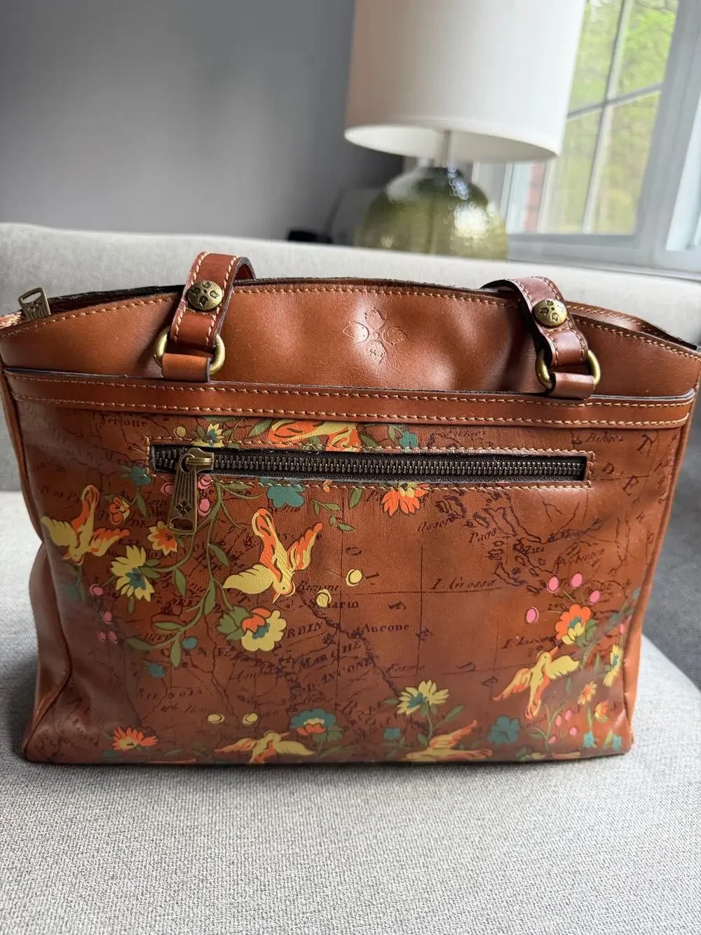 Patricia Nash Poppy Leather Boho Tote Shoulder Bag Floral Bird Map Print Tan